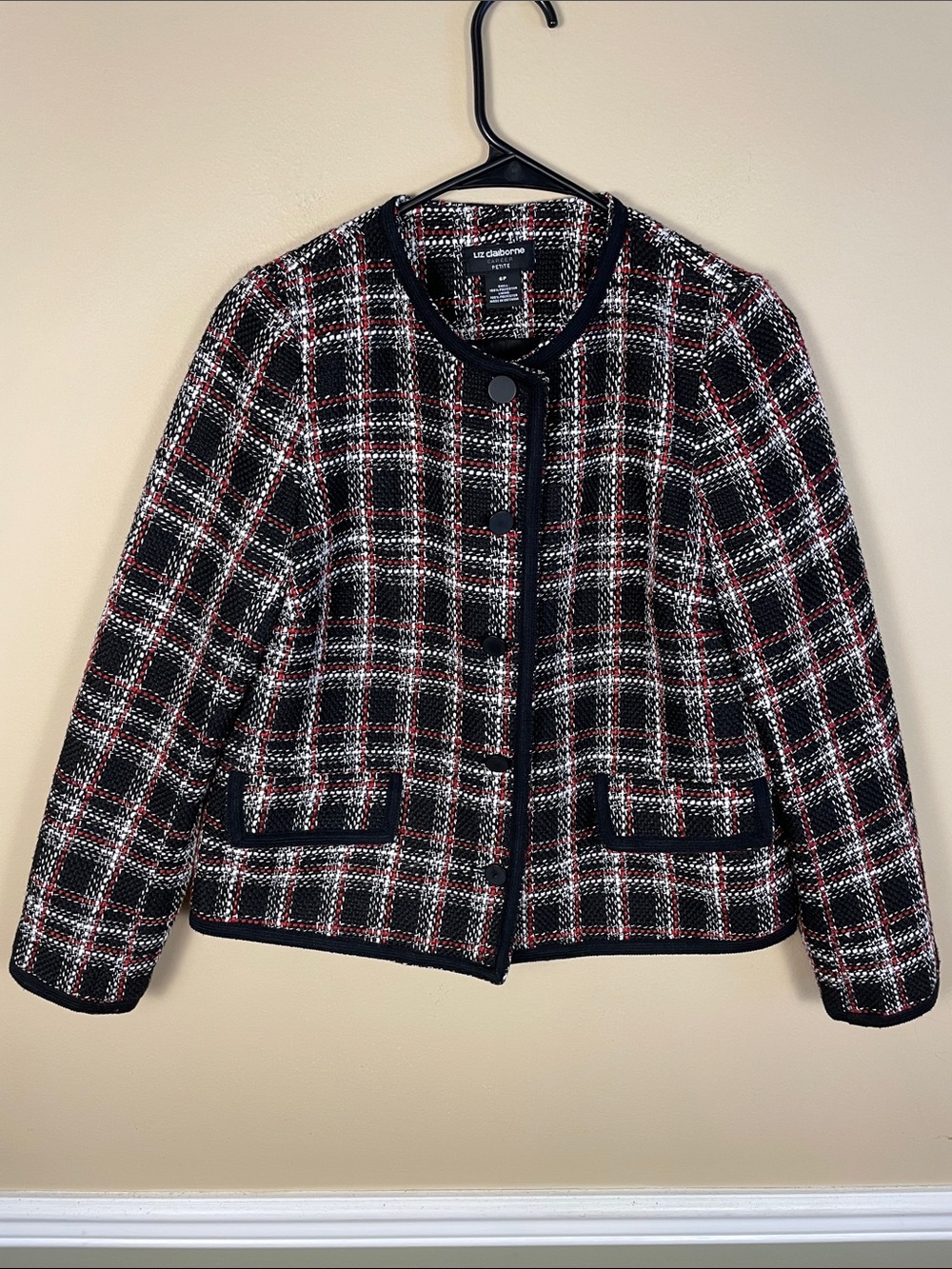 Liz Claiborne Career Petite Women’s Tweed Knit Plaid Button-Up Blazer Jacket